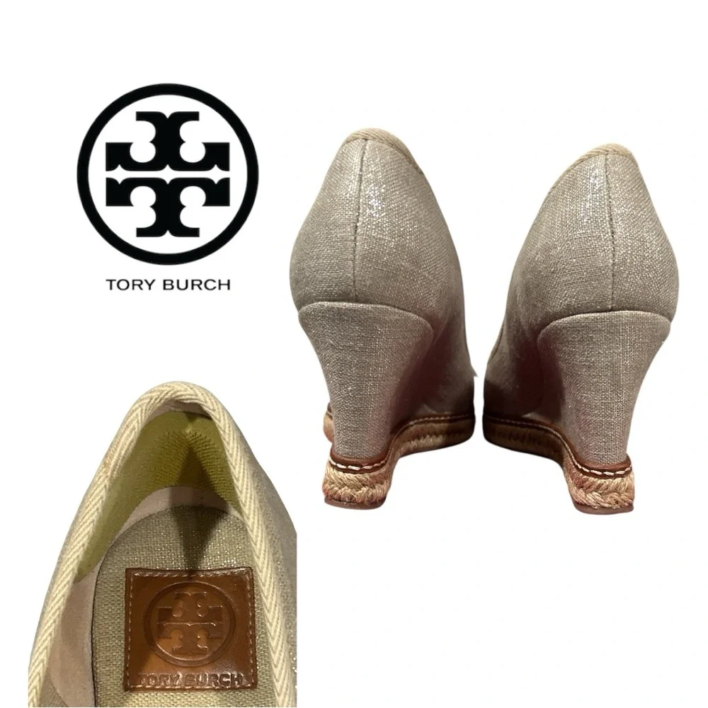 Tory Burch Women’s Jackie Metallic Washed Linen Peep Toe Espadrilles -‎ Size 8